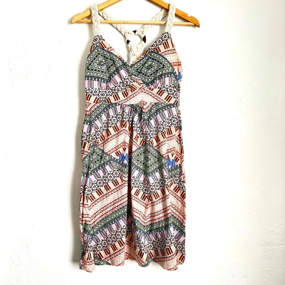 50% OFF This Weekend Only Pink Rose Boho Ganado Print Macrame Halter Dress Large